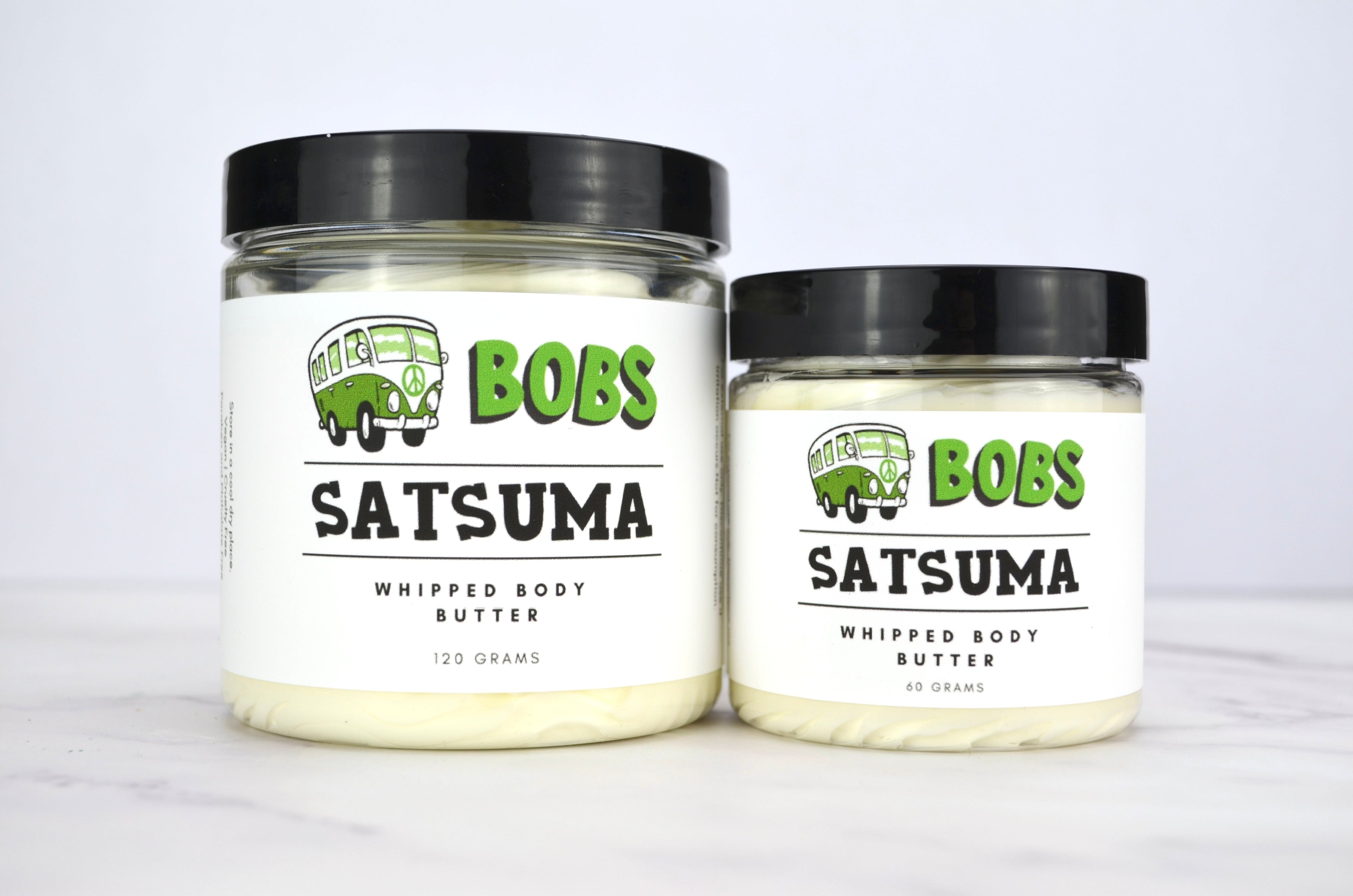 Two jars of Bob's Satsuma whipped body butter on a white background