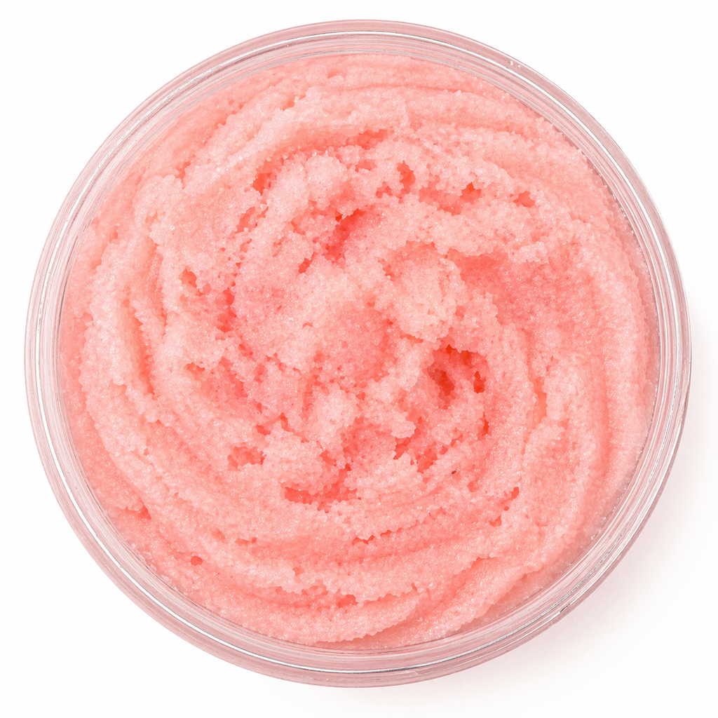 Pink scrub in a clear container on a white background